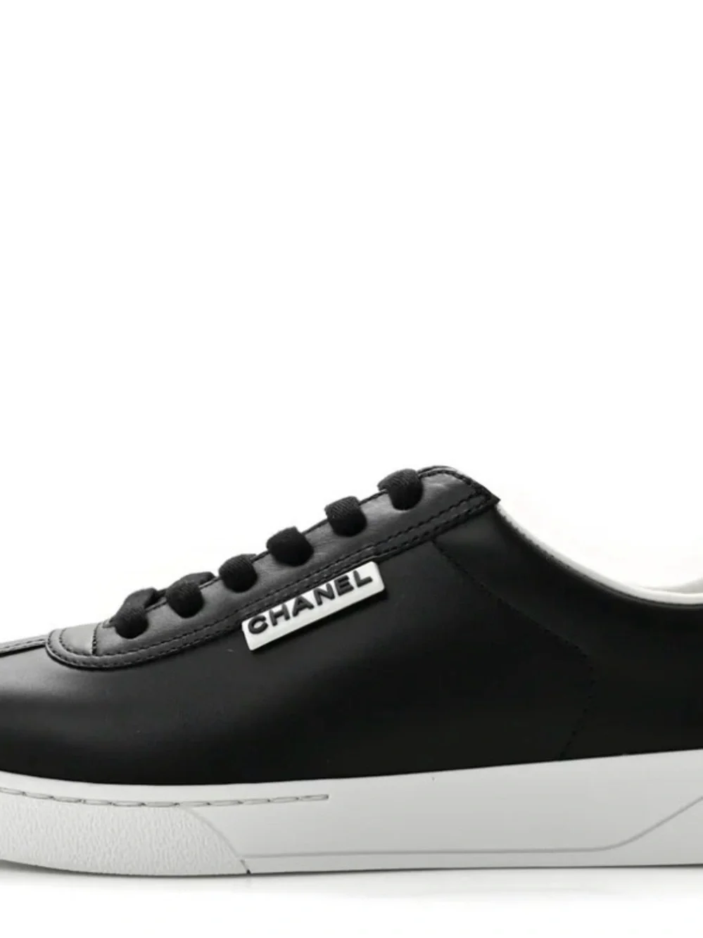 CHANEL Black Leather Low-Top Sneaker with White Sole